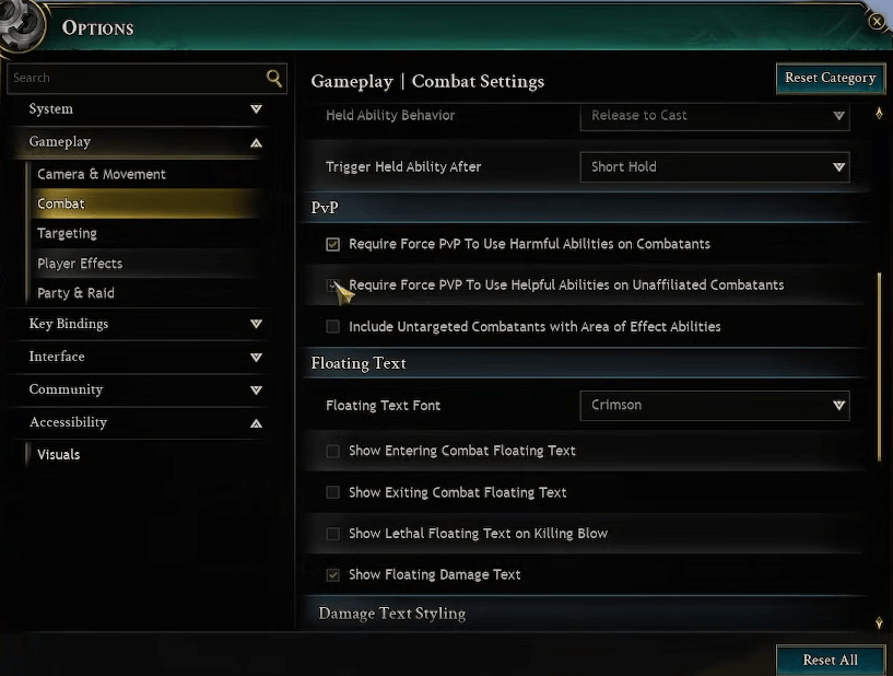 ashes of creation combat setting pvp